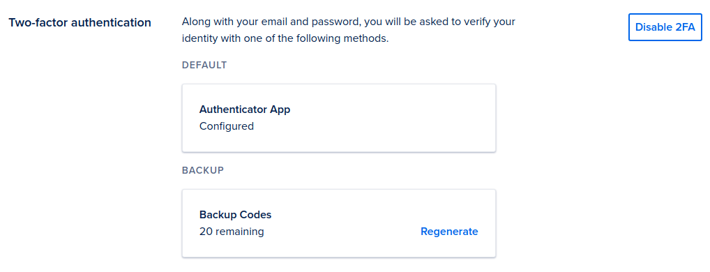 The Two-Factor Authentication section of the My Account page