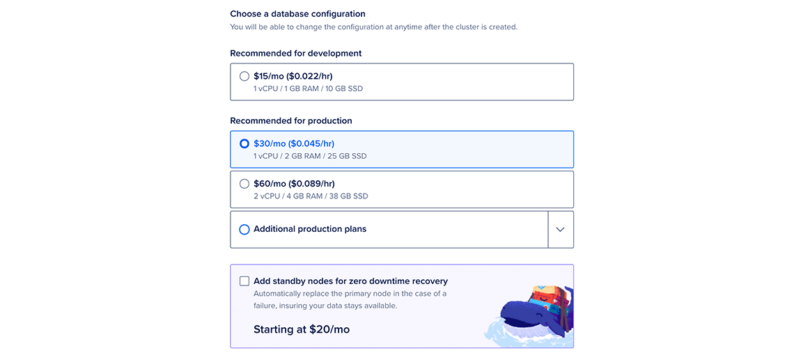 The Choose a cluster configuration section of the Create a database page displaying the node size, standby nodes, and monthly cost