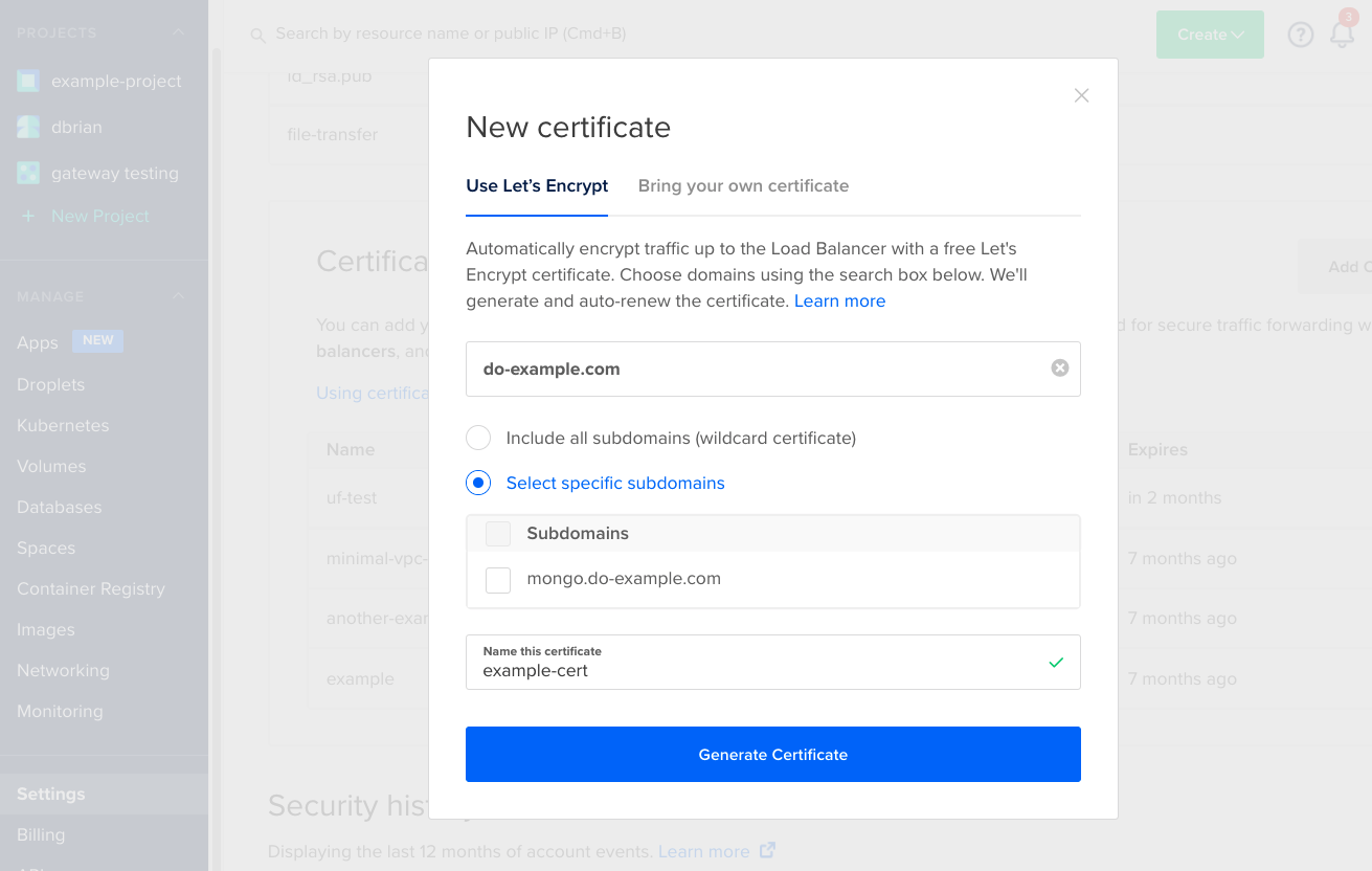 Creating a new Let's Encrypt SSL certificate with an existing domain on DigitalOcean